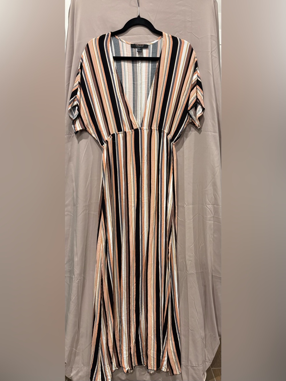 Forever 21 Black, Tan and Cream Striped V-Neck Maxi Dress